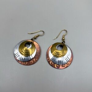 Vintage Gold Silver Copper Tone Circle Dangle Drop Statement Earrings